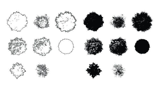 Graphic tree top view elements for landscape architecture and urban planning site diagrams.