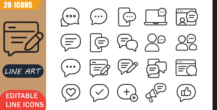 Isolated UI UX chat icons set, 20 editable line art icons set, chat graphics UI UX, interface communication design, digital app messaging, technology theme style, clean outline vector