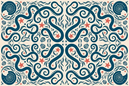 Symmetrical marine pattern featuring deep blue octopus tentacles, starfish, seashells, and seaweed on a light cream background, for nautical decor