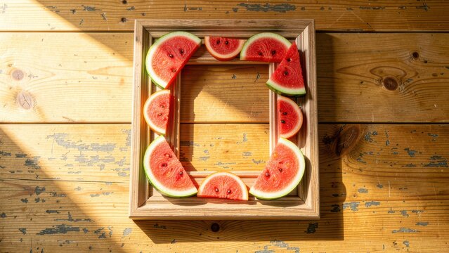summery watermelon rind and flesh frame mockup on rustic light oak wood surface natural daylight lifestyle advertisement
