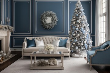 Obraz premium Stylish living room interior celebrating winter seasonal holiday with festive decor and furniture