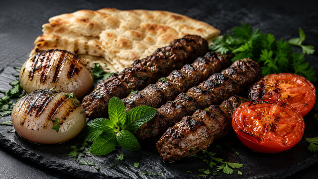 raditional Grilled Adana Kebab with Roasted Vegetables and Flatbread on a Black Slate