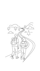 Obraz premium A young couple with backpacks walking along a winding path through the rolling hills and trees during an adventure in the nature at daytime with a leisure atmosphere for travel outdoor activity