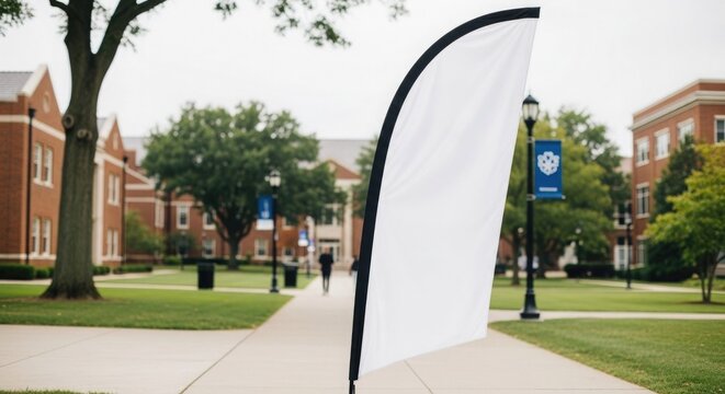 White feather flag banner mockup standing on university campus walkway outdoors.