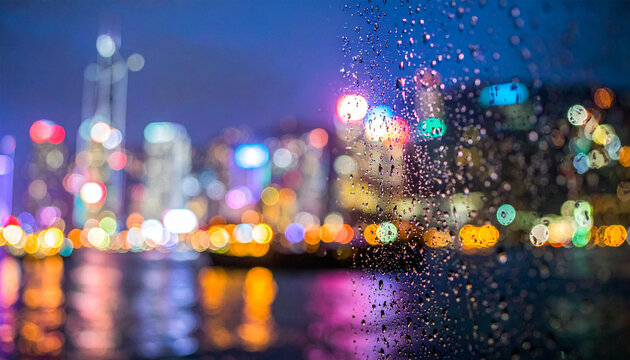 Cityscape Through Raindrops: A vibrant city skyline illuminated by countless colorful lights is viewed through a window streaked with raindrops, creating a dreamy. Generative AI.