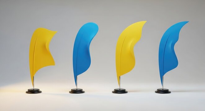 Alternative color feather flag stands in blue and yellow on white background.