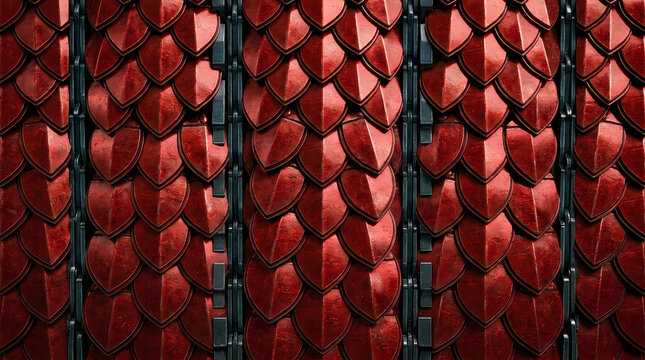Closeup of red metallic dragon scale armor texture, overlapping shieldshaped plates arranged in vertical rows, fantasy costume material, detailed industrial design