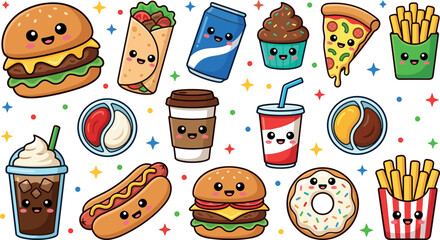 Cute Kawaii Fast Food Cartoon Character Sticker Set with Burger Pizza Fries Hot Dog Soda and Sweets for Kids Menu and Creative Graphic DesignsCute Kawaii Fast Food Cartoon Character Sticker Set with B © MDHAFIJUDDIN