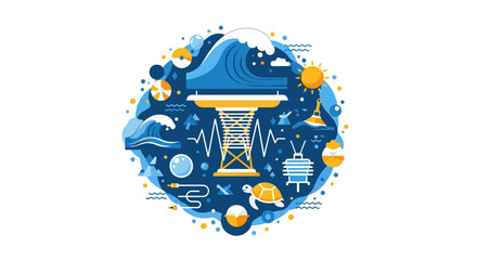 Naklejka premium Ocean Wave Energy Conversion Illustration - Renewable Marine Power and Sustainable Technology Concept for Clean Electricity Production