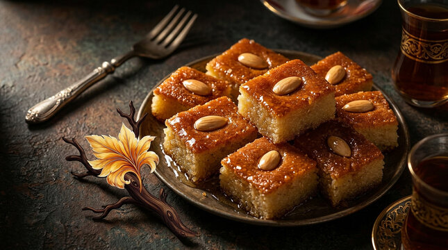 Golden Basbousa Squares with Almond Topping and Warm Rustic Shadows