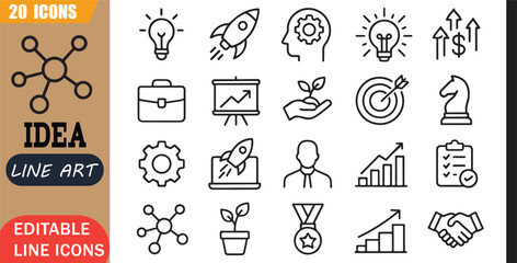 Isolated startup idea icons set, 20 editable line art icons set, idea startup innovation, entrepreneurship business strategy, creativity growth success, planning theme style, clean outline vector © MD.Kawsar Hossan