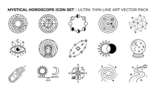 Mystical horoscope icons: astrology, zodiac, space, celestial, fate
