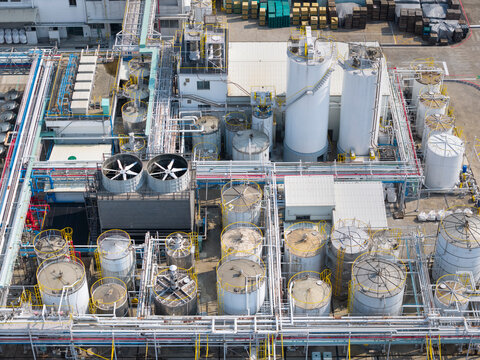 Aerial View Synthetic Resin Chemical Plant Tanks Pipelines