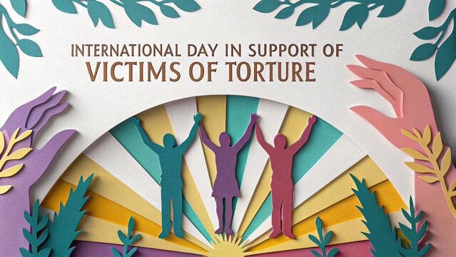 International human rights awareness poster promoting dignity justice and healing.