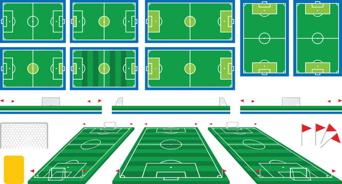 Soccer football field stadium vector layout kit featuring overhead tactical pitches side profile views perspective fields corner corner flags and white goals lines diagram.