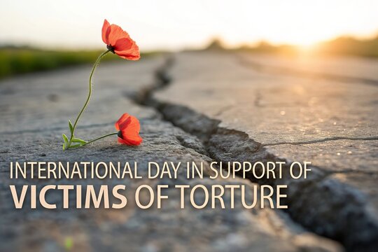Red poppy growing through cracked ground symbolizing resilience and hope.