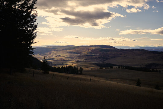 Sunset view over rolling hills and valleys in the countryside