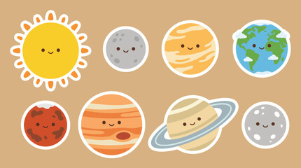 Cute cartoon vector illustration set featuring smiling sun and various colorful planets designed in a flat modern graphic sticker style © Firdaus