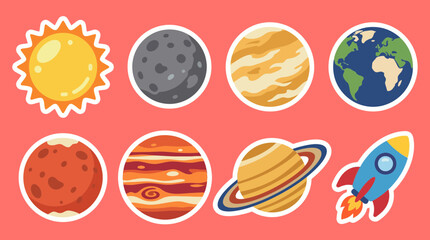Colorful vector illustration showing various planets of the solar system and a rocket ship designed as cute circular stickers isolated © Firdaus