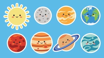 Cute cartoon vector illustration featuring a set of happy smiling planets and the sun in a vibrant flat design style © Firdaus