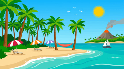 Obraz premium Vibrant Tropical Beach Illustration with Palm Trees, Ocean, and Distant Volcano