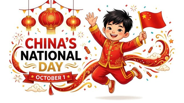 Boy Celebrating Chinese National Day Concept with Red Lanterns Fireworks and a Flag in Festive Illustrated Style