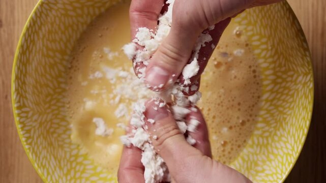 Crumbling Feta Cheese Into Bowl Close Up Top View
