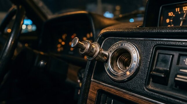Closeup of vintage car interior with cigar lighter socket visible