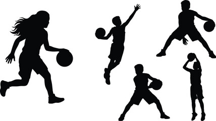 Silhouettes of young basketball players dribbling shooting and jumping vector set isolated on white background © Md