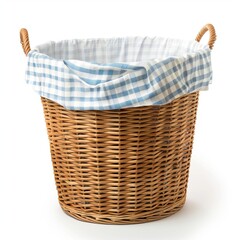 Obraz premium Empty wicker laundry basket with blue checkered cloth lining isolated on white background