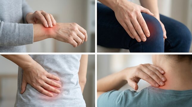 Chronic body pain collage, person suffering from joint inflammation and muscle ache, medical concept of back and neck injury, skin irritation on wrist