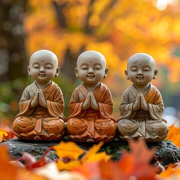Three serene monk statues sit in prayer on a rock amidst vibrant autumn leaves