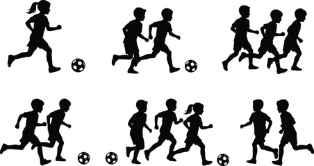 Obraz premium Silhouettes of kids playing football and running with soccer ball isolated on white background vector set