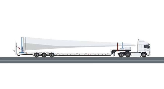 Semi Truck Transporting Large Wind Turbine Blade on Flatbed Trailer - Renewable Energy Logistics Vector Illustration