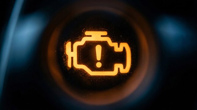 Closeup of glowing yellow engine warning light on a black dashboard