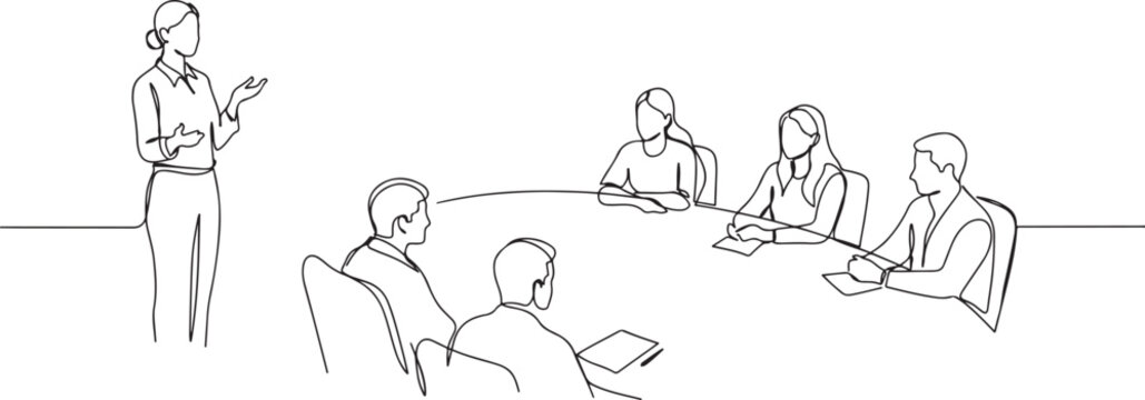 Single one line drawing female presenter leading meeting with participant seated in circle. Professional workshop. one line Icon drawing