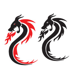 Fototapeta premium Chinese dragon silhouette logo design with red flames for esports team
