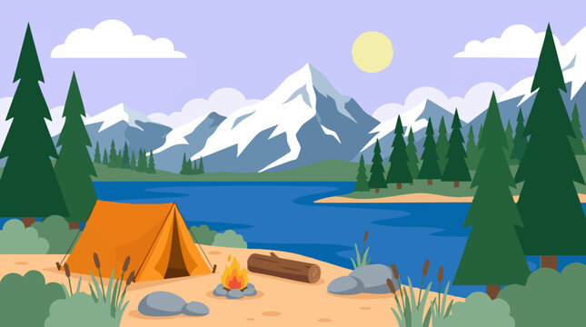 Camping illustration with tent, campfire, lake, and snowy mountains