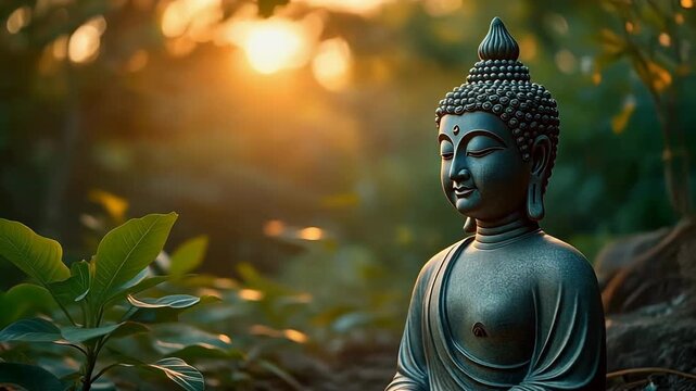 Buddha statue amidst greenery, sunlit
