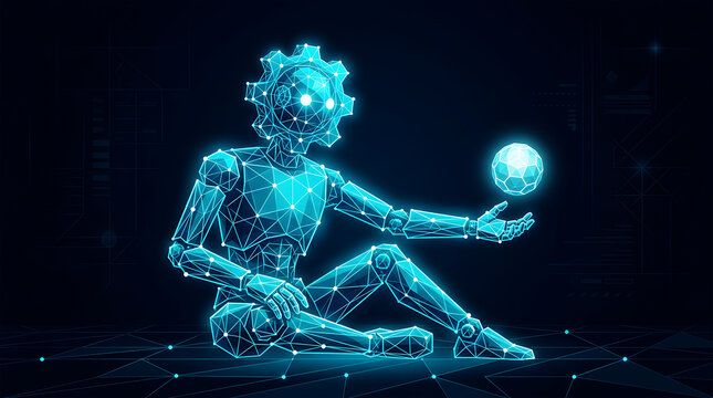 Blue geometric robot holding glowing orb in digital network android artificial
