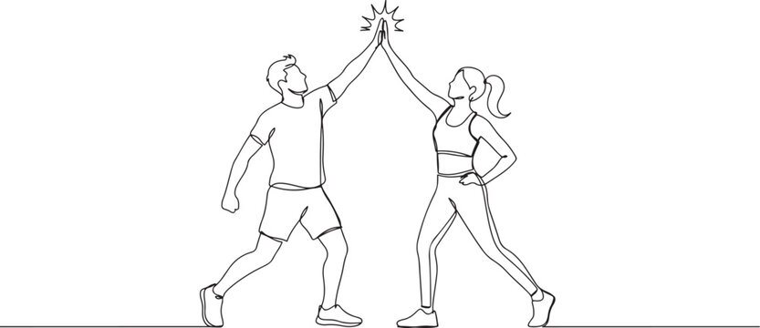 Single continuous line drawing group of man and woman celebrating their successive goal with high five gesture together. one line Icon drawing