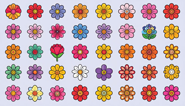 Colorful flowers in various shapes.