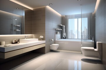 Fototapeta premium Contemporary bathroom featuring sleek fixtures, neutral tones, and a city view