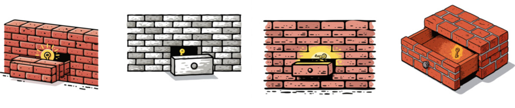 A whimsical brick wall with a single brick pulled out to reveal a glowing gold key inside, set against a white background in bold graphic style