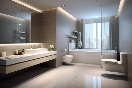 Contemporary bathroom featuring sleek fixtures, neutral tones, and a city view