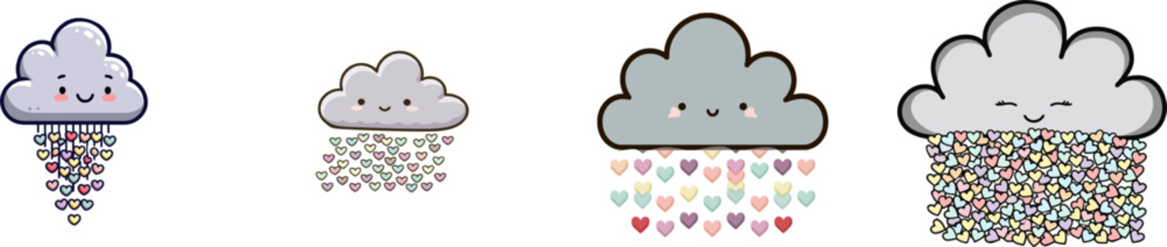 A soft grey raincloud character with a smiling face is happily raining down a shower of tiny, colorful pastel heart shapes instead of water
