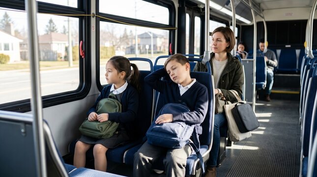 Suburban school bus guardian with children showing mild motion discomfort