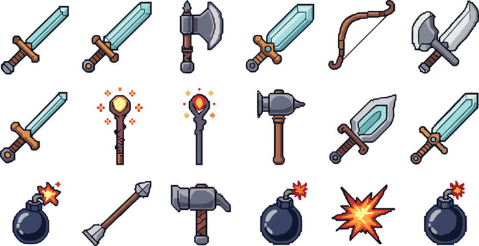 Pixel Art Fantasy Weapon and Item Set Featuring Retro RPG Swords Axes Magic Staves Bow Hammer Bombs and Explosion Effects for Game Design
