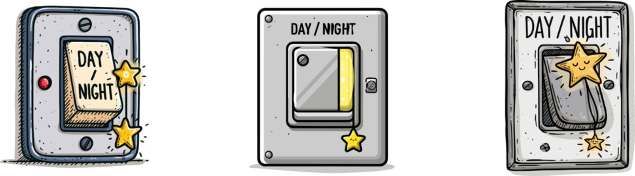 This retro metal light switch toggle, labeled DAY / NIGHT with a tiny glowing star, is depicted in a flat vector doodle style, exuding a bold graphic aesthetic on a clean white background