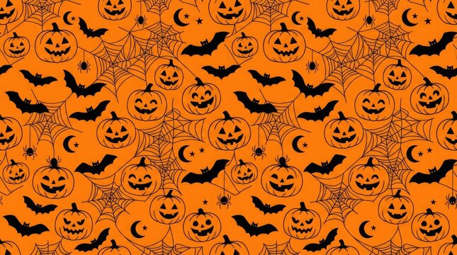 Halloween pattern with pumpkins bats spiders and webs on orange background
